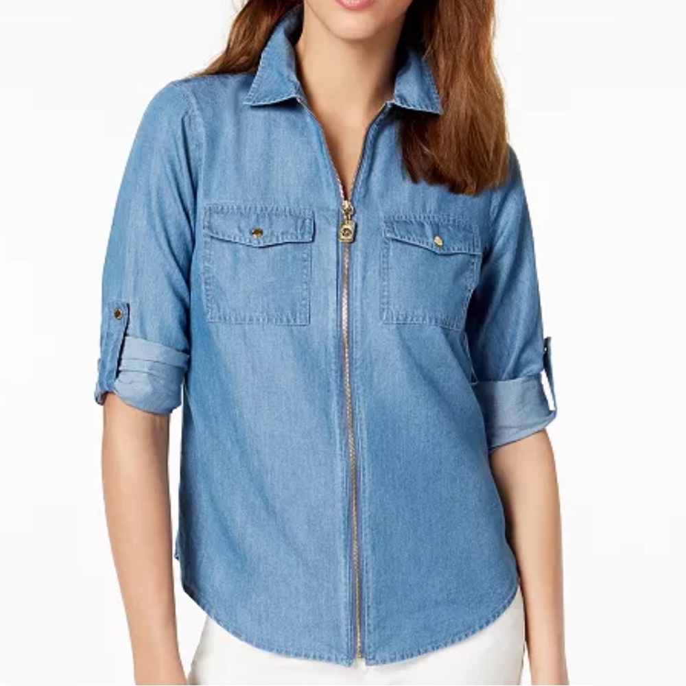 Michael Kors Chambray Zip-Up Shirt w/ Gold Logo Hardware – NWT